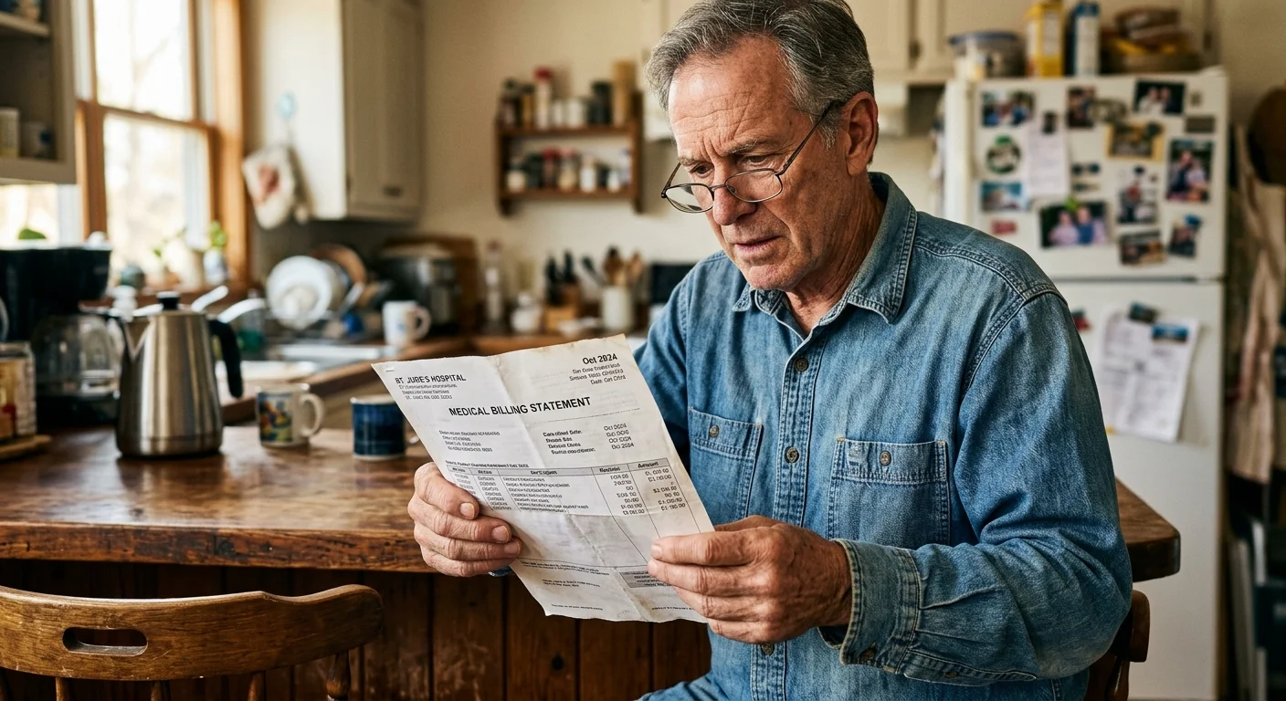 An older man in his kitchen reviewing a medical bill, capturing the moment of navigating unexpected healthcare costs.