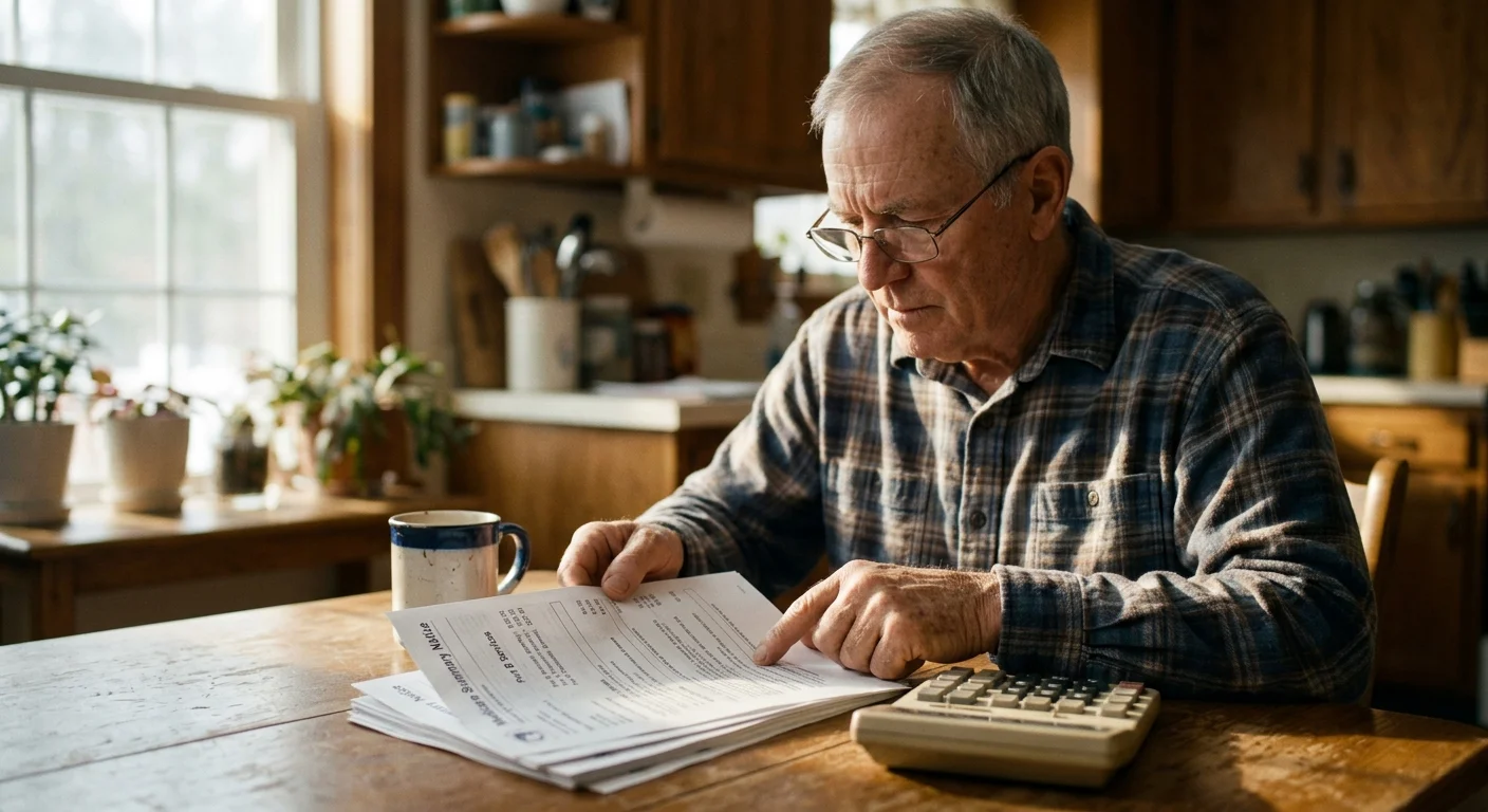 An older man reviews Medicare papers showing the standard Part B premium and deductible amounts at a sunlit table.