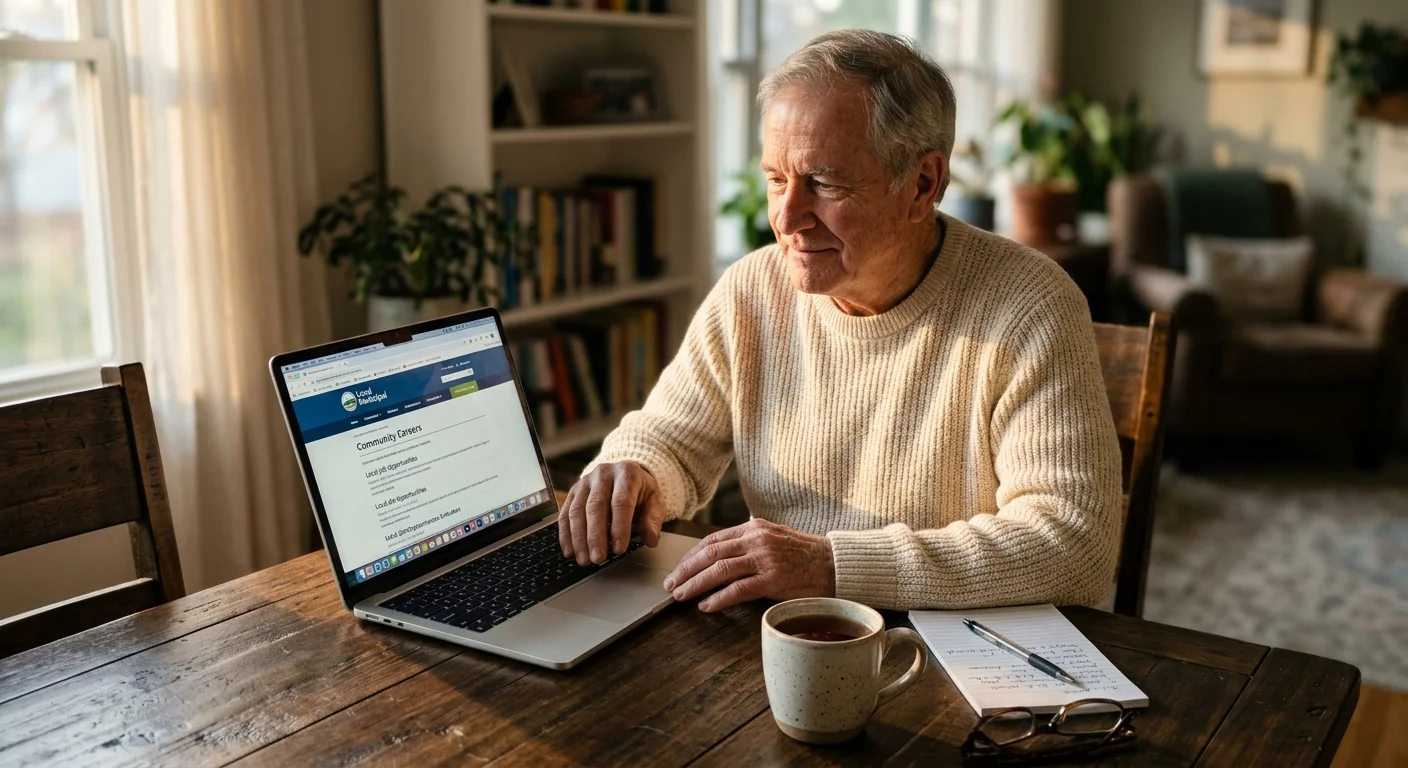 An older man searches for local jobs on his laptop at home, next to a warm mug of tea and a notepad.