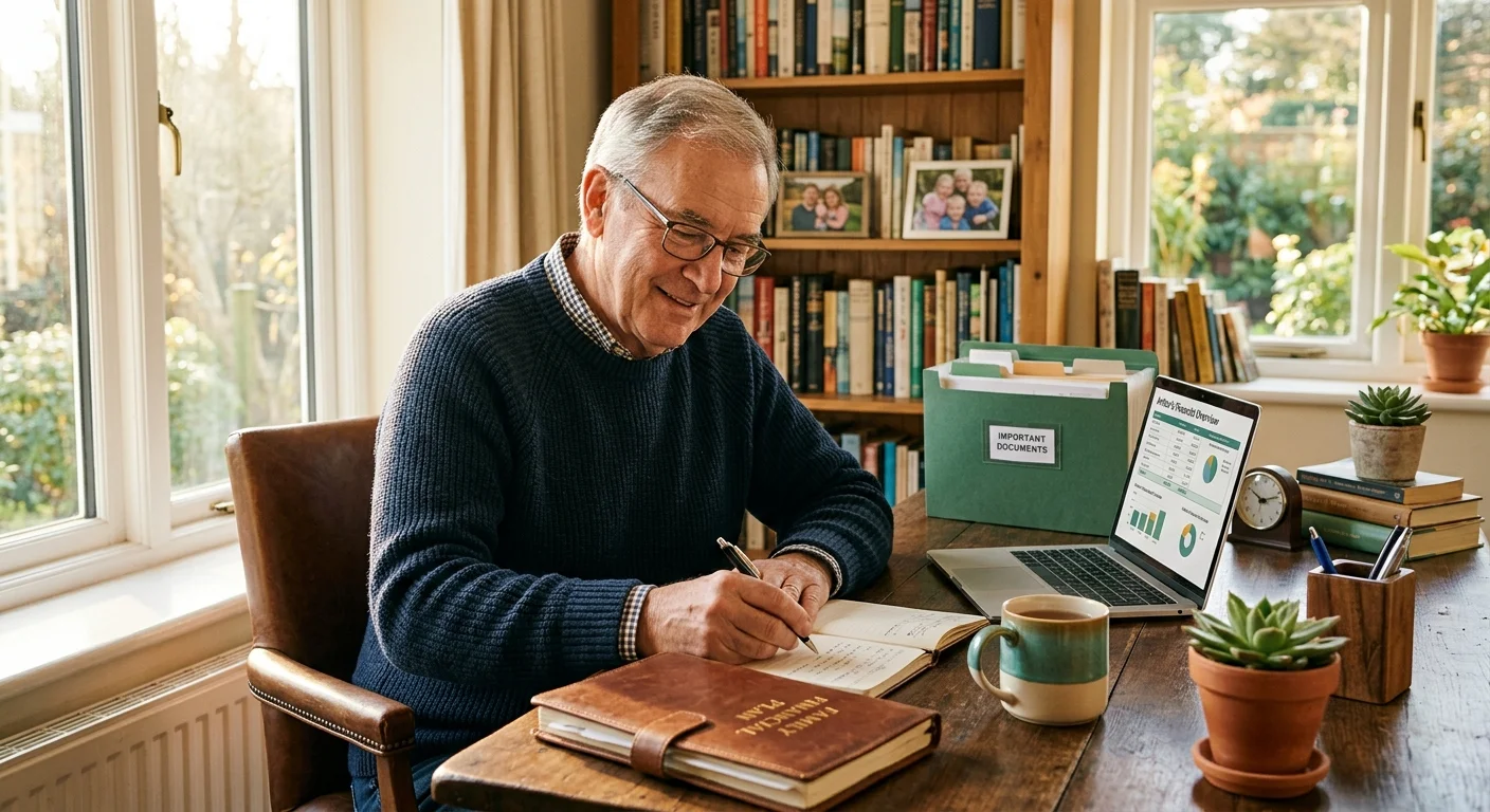 An older man sits at a sunny desk writing in a notebook labeled Family Financial Plan next to an organized file folder.