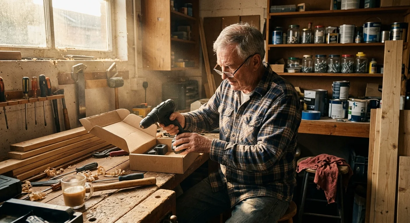 An older man unboxing a new power tool in his sunlit garage workshop, showcasing new consumer purchases.
