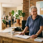An older man with silver hair smiles warmly while working behind the front desk of a brightly lit local community center.