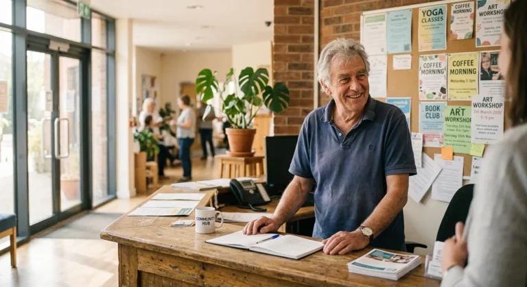 An older man with silver hair smiles warmly while working behind the front desk of a brightly lit local community center.