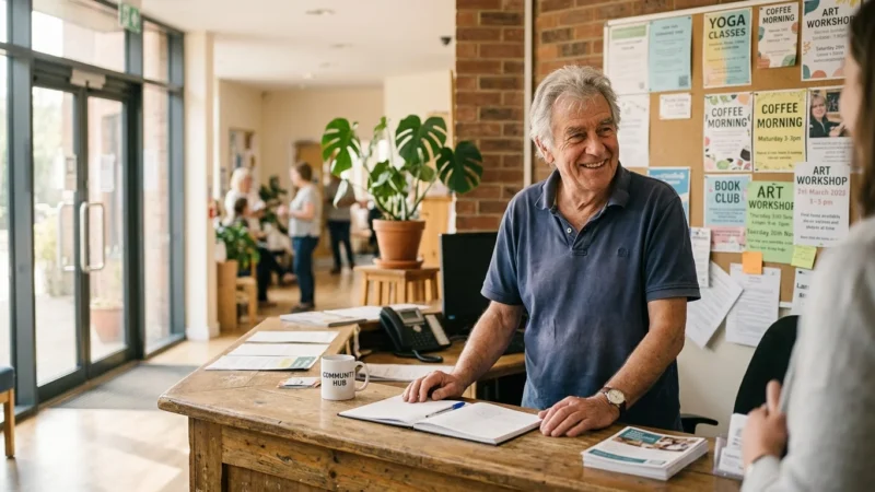 An older man with silver hair smiles warmly while working behind the front desk of a brightly lit local community center.