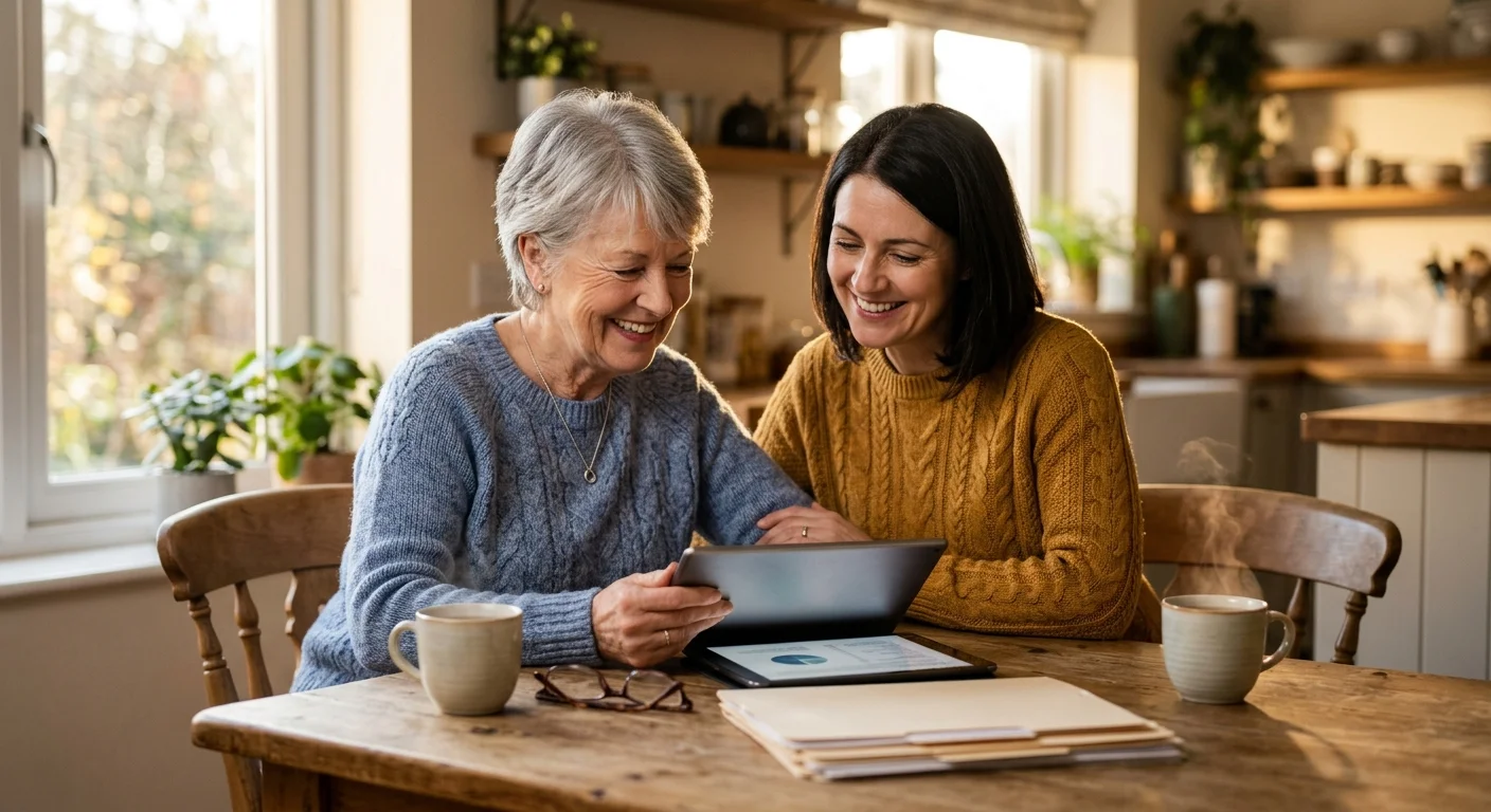An older woman and her daughter looking at a tablet together at a kitchen table surrounded by folders and mugs of tea.