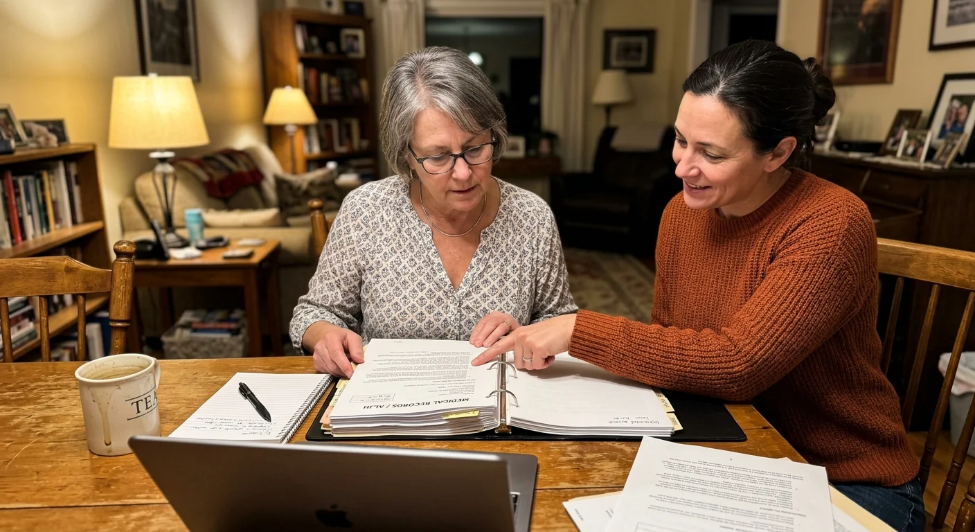 An older woman and her legal advocate prepare for a Social Security hearing at a kitchen table.