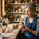 An older woman carefully paints a hand-carved wooden bowl in her sunlit home workshop, surrounded by crafting materials.