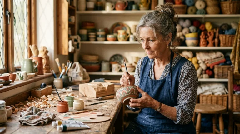 An older woman carefully paints a hand-carved wooden bowl in her sunlit home workshop, surrounded by crafting materials.
