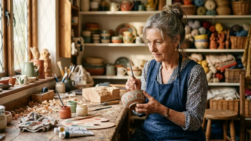 An older woman carefully paints a hand-carved wooden bowl in her sunlit home workshop, surrounded by crafting materials.