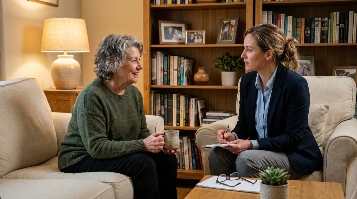 An older woman having a comfortable, casual financial planning discussion with an advisor in a cozy home living room.