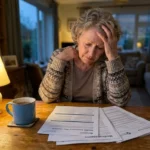 An older woman looks over healthcare paperwork at her kitchen table under warm light, looking concerned.