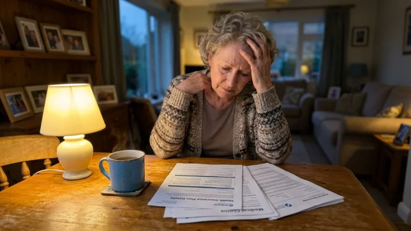An older woman looks over healthcare paperwork at her kitchen table under warm light, looking concerned.