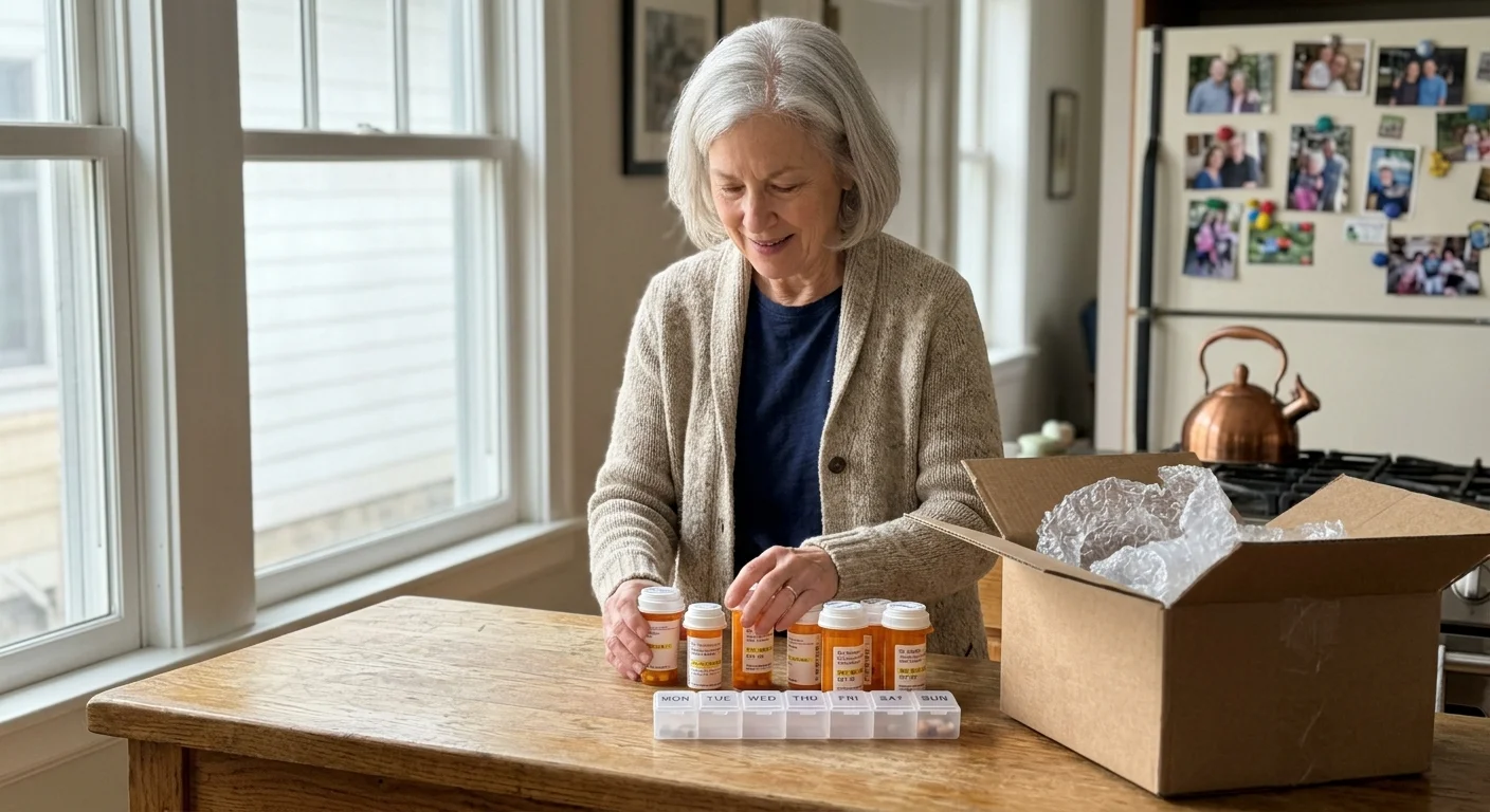 An older woman organizing prescription bottles on a kitchen counter next to an open moving box.