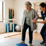 An older woman practices balance therapy with a physical therapist in a bright, sunlit rehabilitation room.