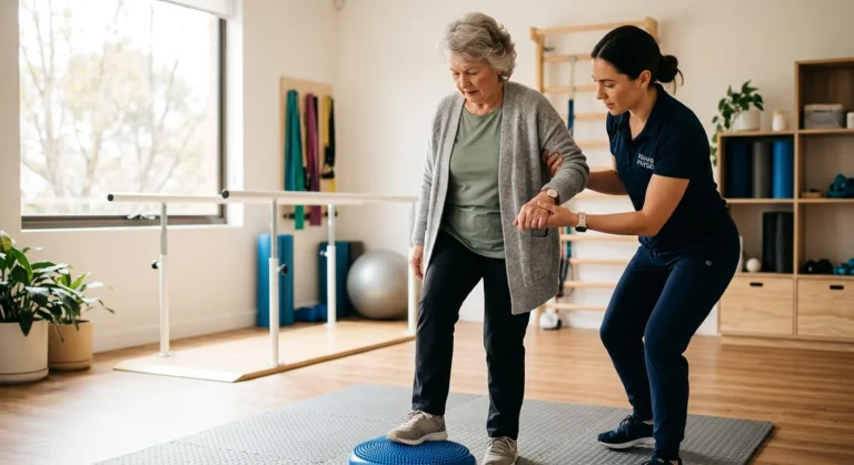 An older woman practices balance therapy with a physical therapist in a bright, sunlit rehabilitation room.