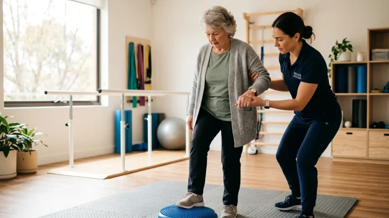 An older woman practices balance therapy with a physical therapist in a bright, sunlit rehabilitation room.
