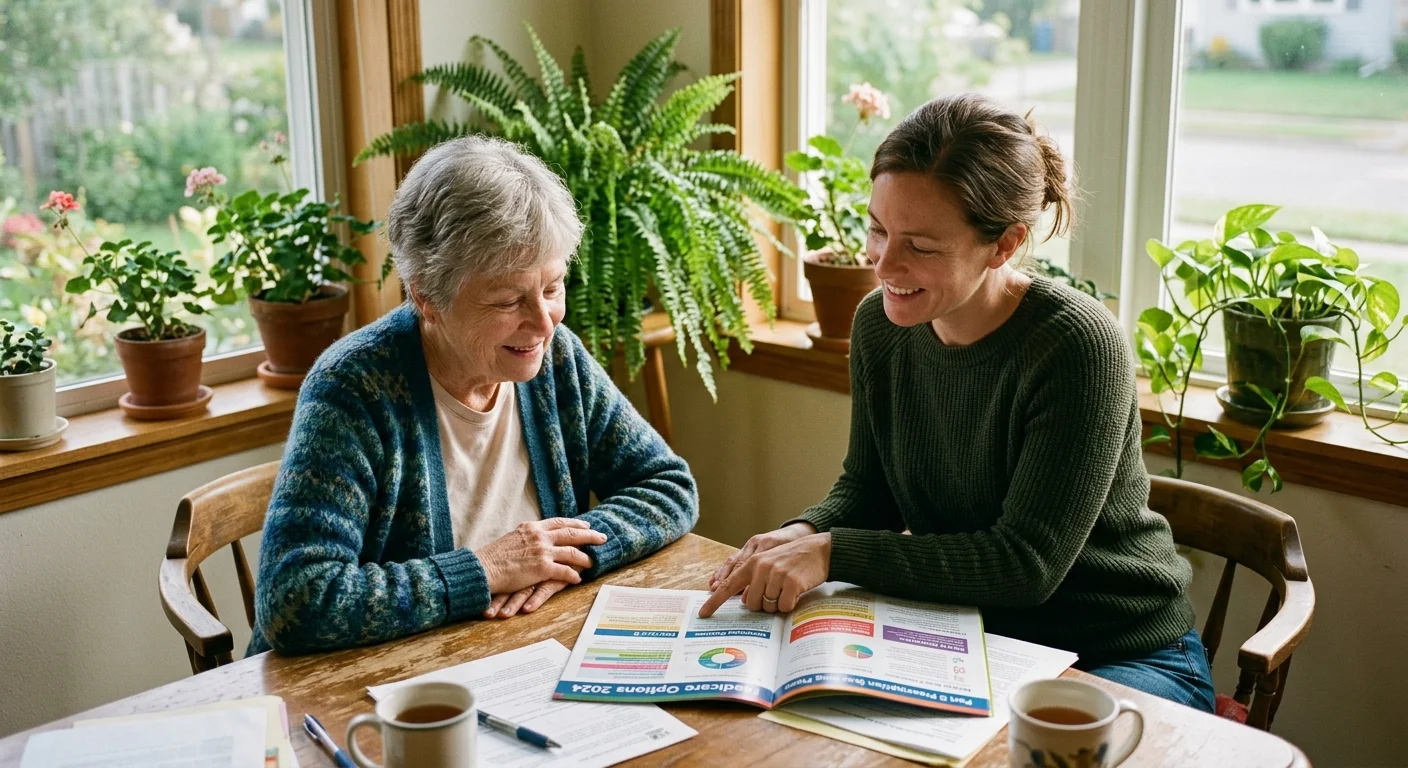 An older woman reviews Medicare options with a helpful, casually-dressed counselor at a sunlit dining table.