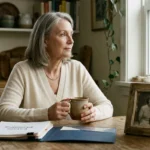 An older woman sits thoughtfully at a sunlit kitchen table next to a folder of documents and a vintage family photo.