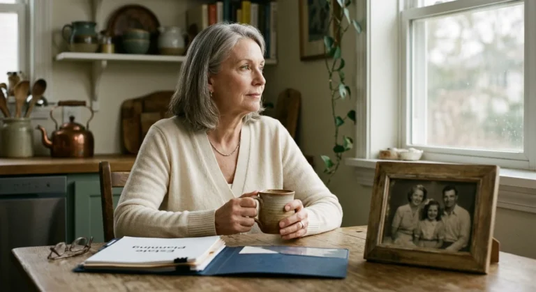 An older woman sits thoughtfully at a sunlit kitchen table next to a folder of documents and a vintage family photo.