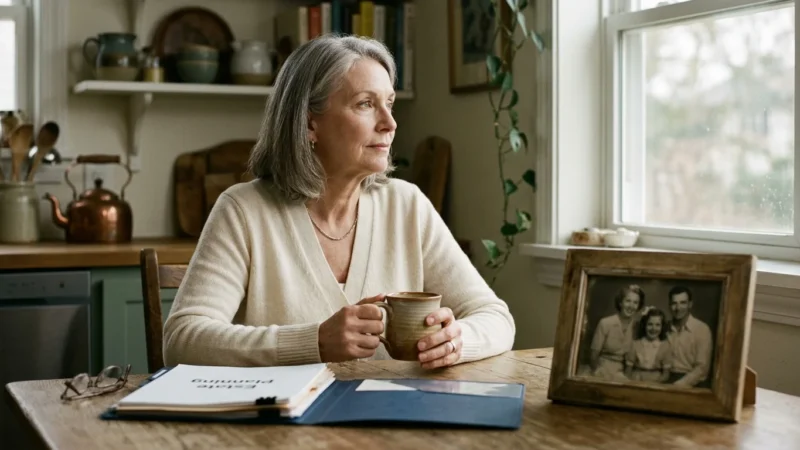 An older woman sits thoughtfully at a sunlit kitchen table next to a folder of documents and a vintage family photo.
