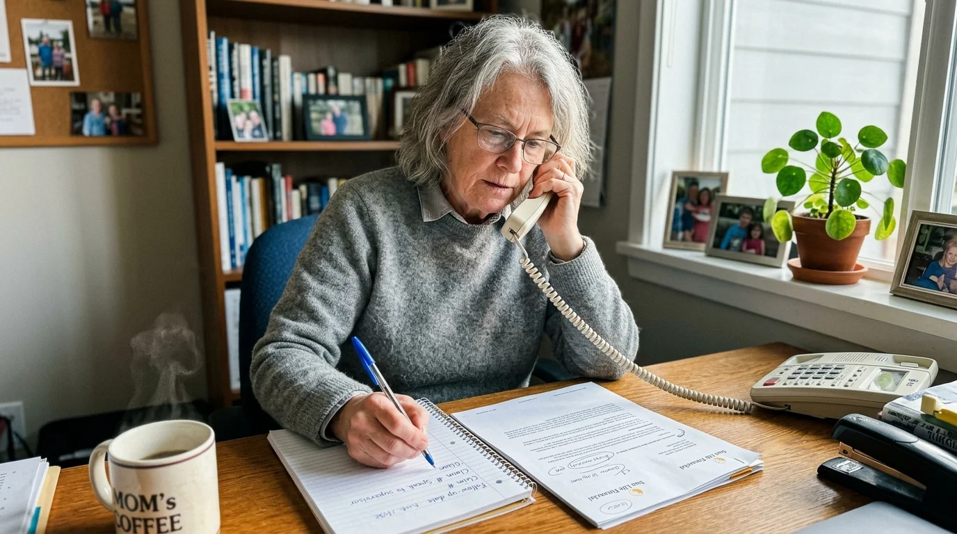 An older woman takes notes while discussing her Medicare plan on the phone in her sunlit home office.