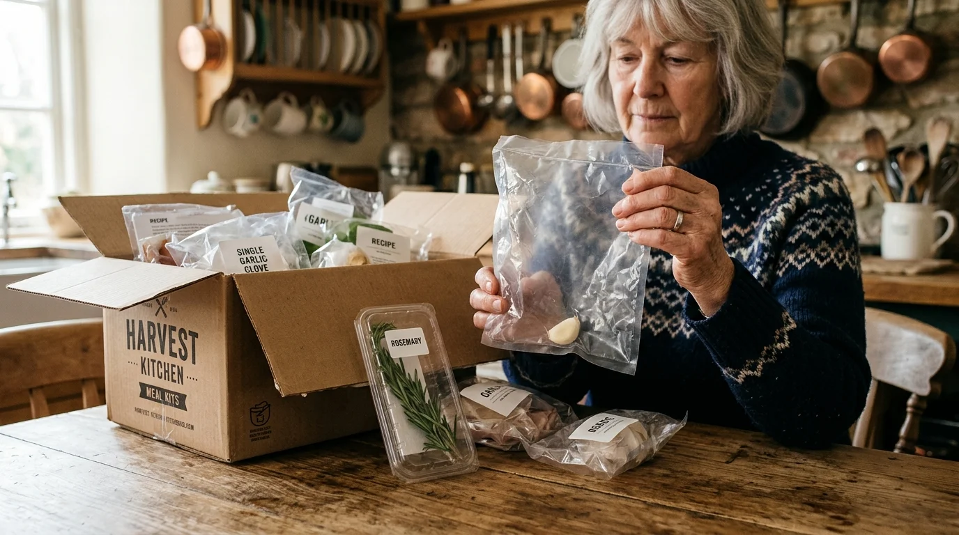 An opened meal kit box on a wooden table, focusing on a single garlic clove wrapped in an excessively large plastic bag.