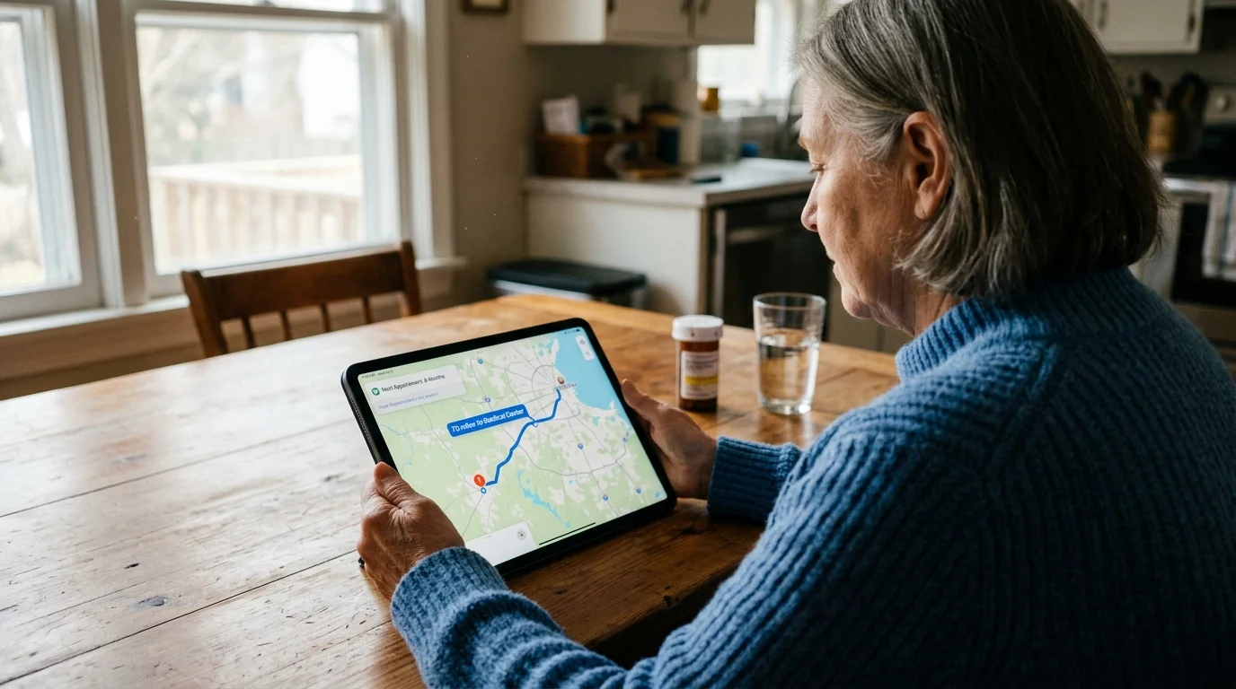 An over-the-shoulder snapshot of an older woman looking at a map on an iPad showing a 75-mile trip to the nearest medical center.