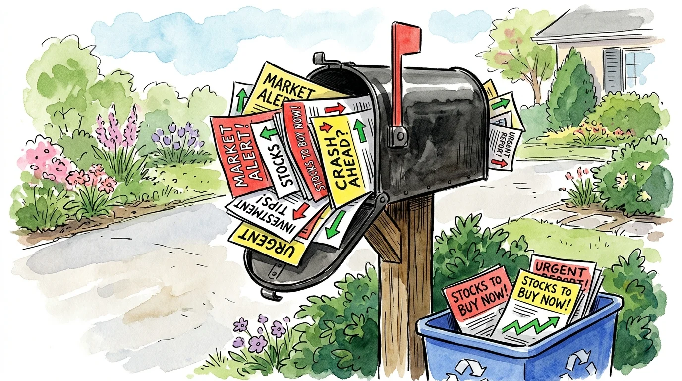 An overflowing mailbox filled with sensationalist financial newsletters, with some papers already discarded in a recycling bin.