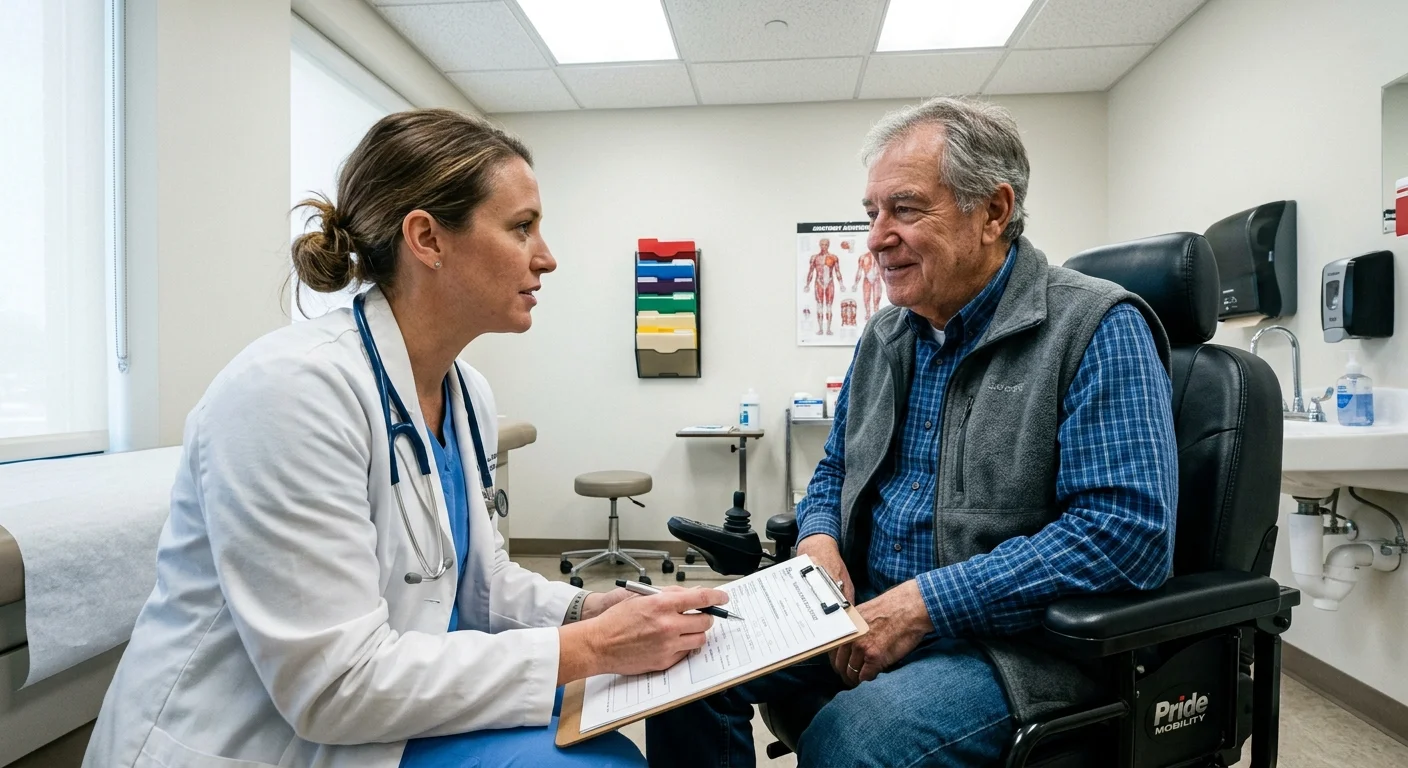 Candid photograph of an older man in a power wheelchair during a face-to-face medical evaluation with his doctor.