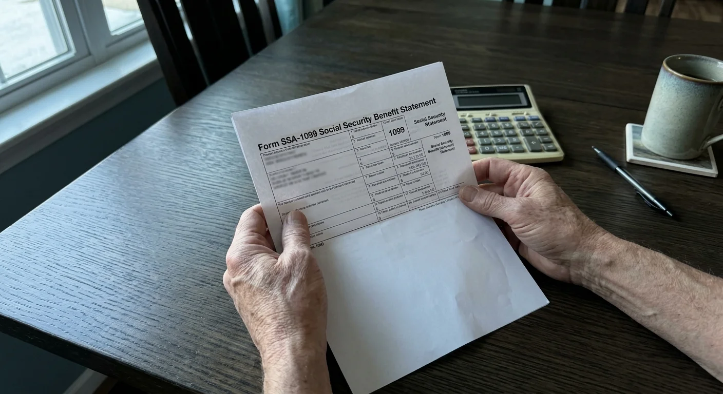 Close-up of a person's hands holding an SSA-1099 tax statement over a kitchen table next to a calculator and a mug.