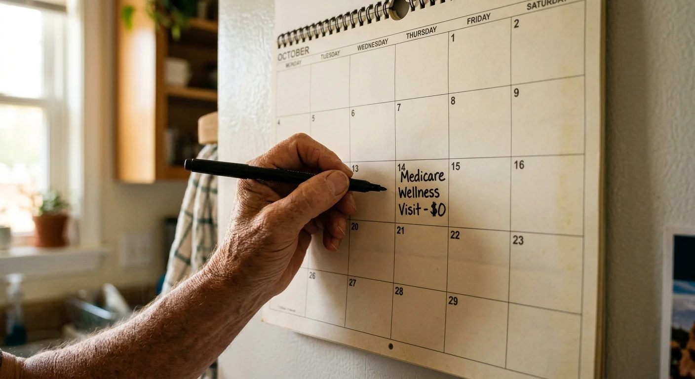 Close-up of an older hand writing 'Medicare Wellness Visit - $0' on a physical kitchen wall calendar.