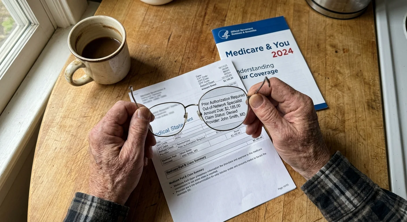Close-up of an older man's hands holding reading glasses over a medical bill with warning terms highlighted.