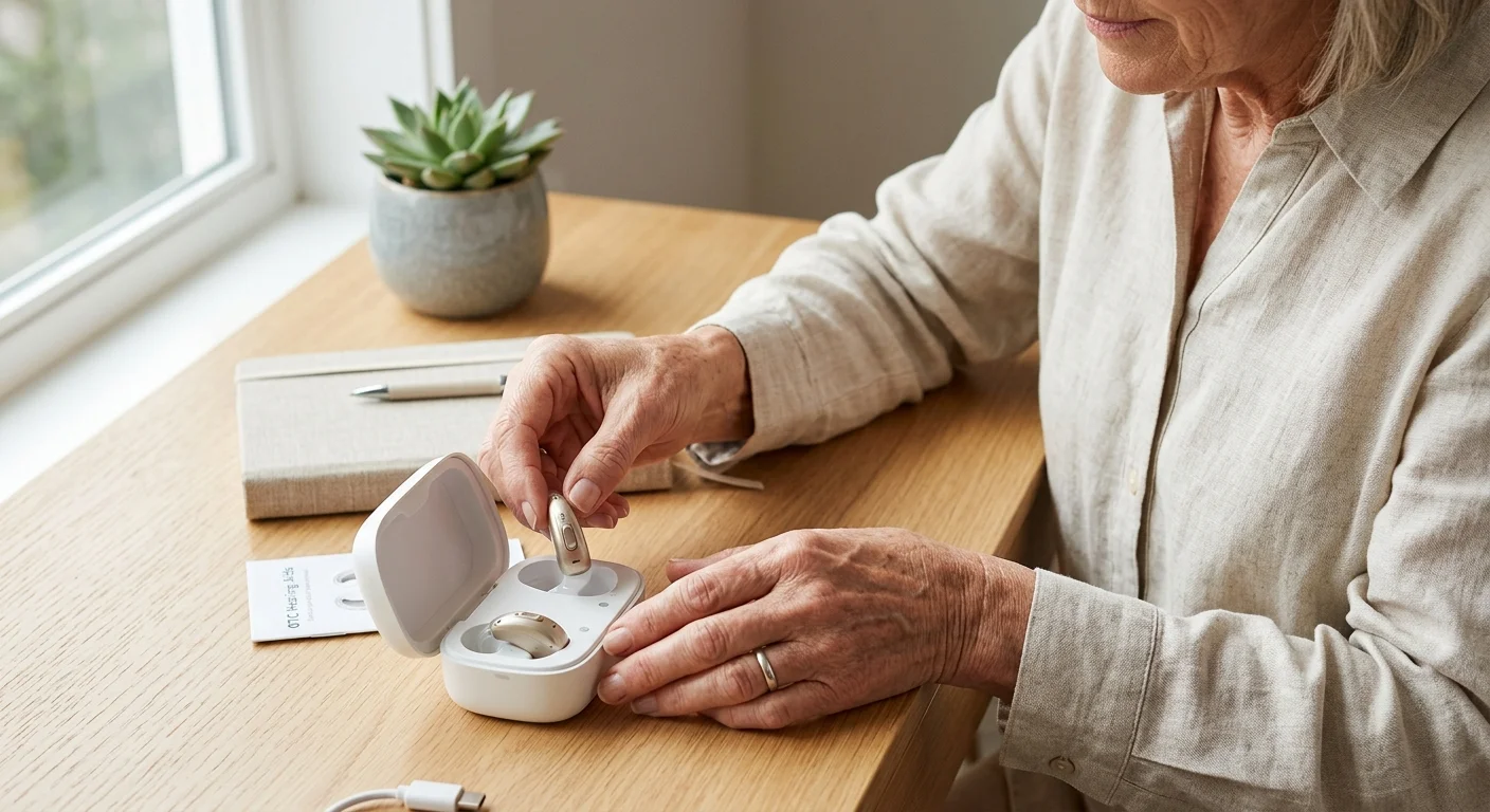 Close-up of an older woman's hands gently removing a sleek modern hearing aid from its charging case on a wooden desk.