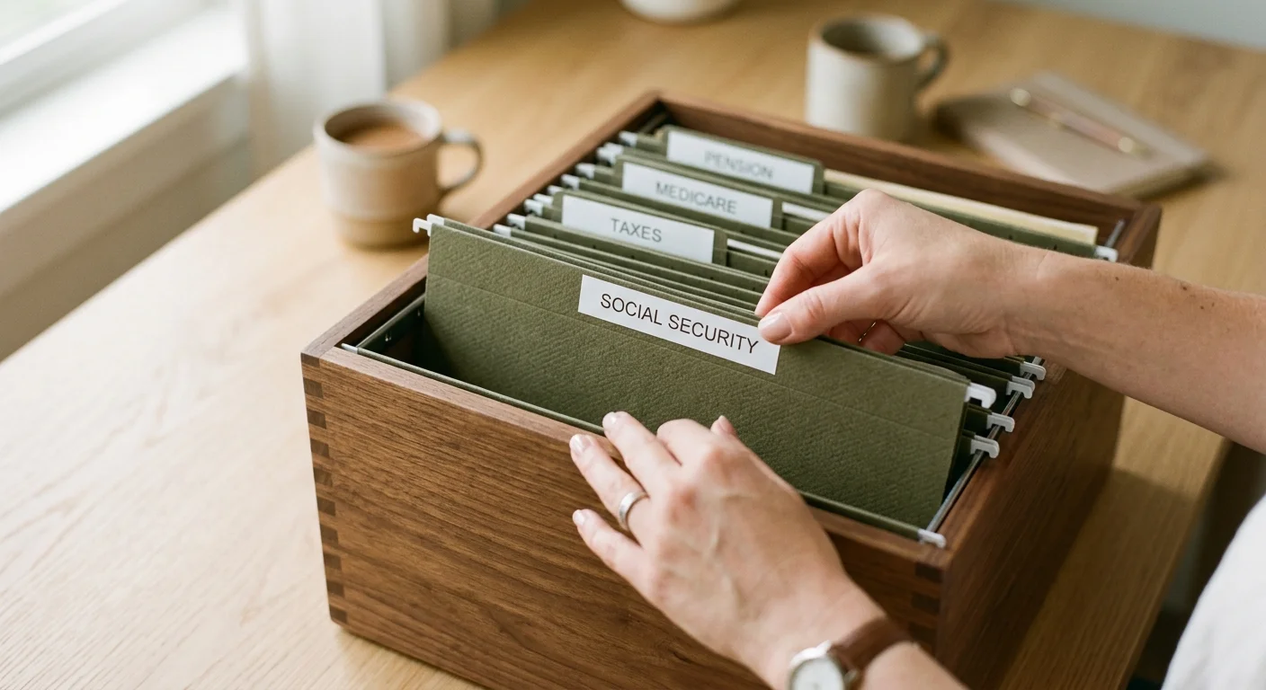 Close-up of hands organizing labeled folders, including one for Social Security, into a wooden filing box.