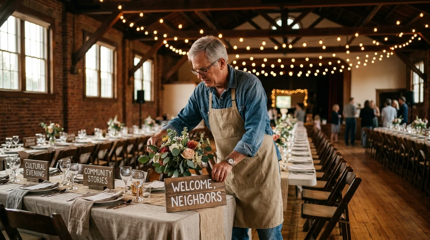 Older man wearing an apron placing a "Welcome, Neighbors" sign and floral centerpiece on a banquet table in a hall.
