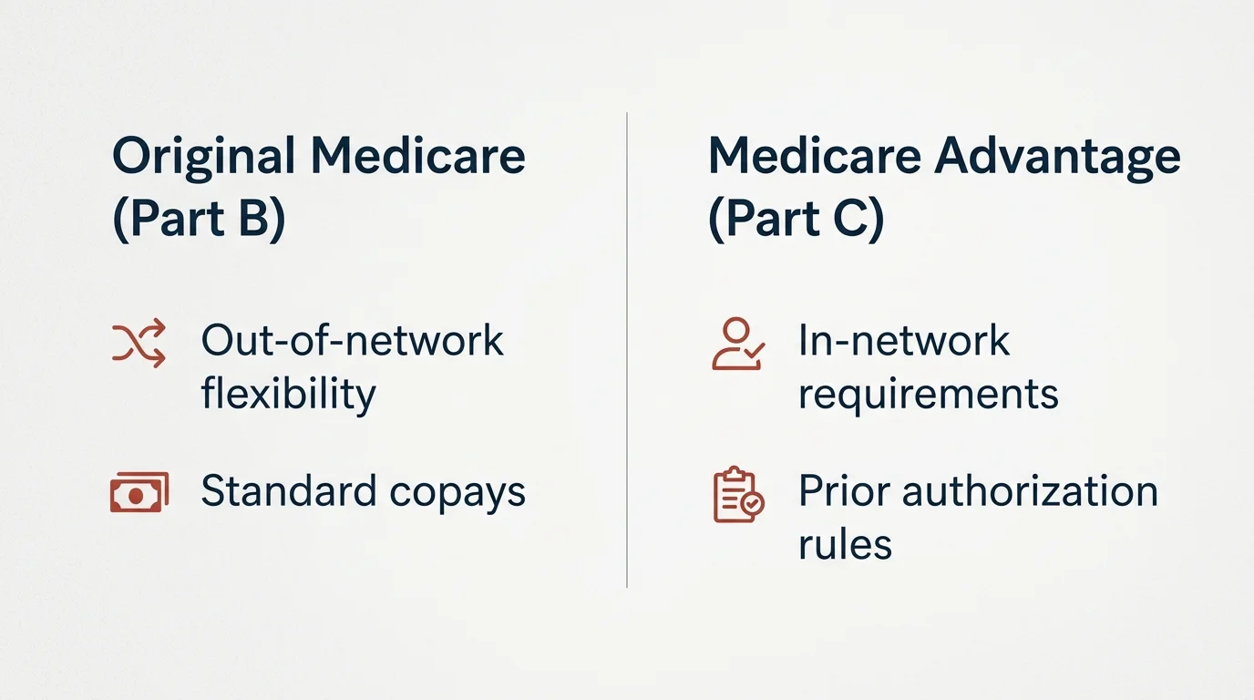 Comparative diagram contrasting Original Medicare and Medicare Advantage second opinion rules.