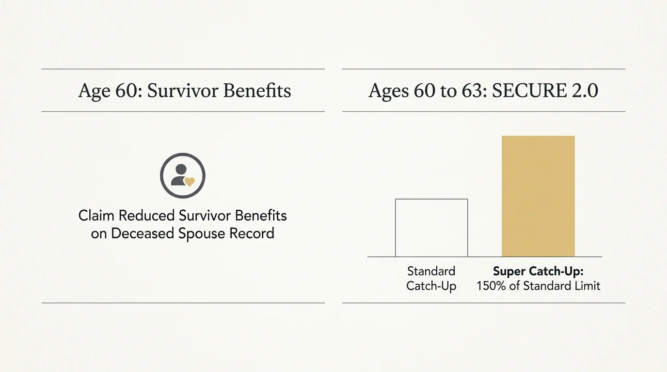 Diagram outlining Age 60 survivor benefits alongside Ages 60 to 63 SECURE 2.0 super catch-up limits showing a 150% increase.
