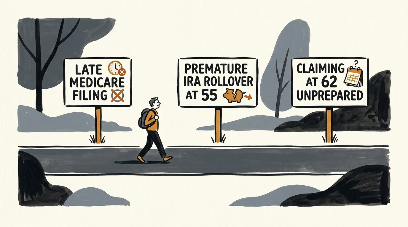 Illustration of a person walking past roadside signs warning about Medicare filing, IRA rollovers, and early claiming.