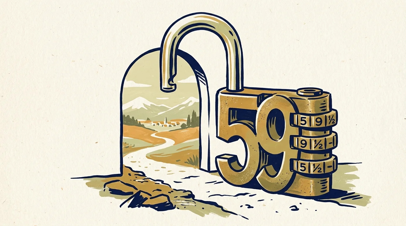 Illustration of an open padlock shaped with the number 59 beside an arched doorway looking out at a mountain landscape.
