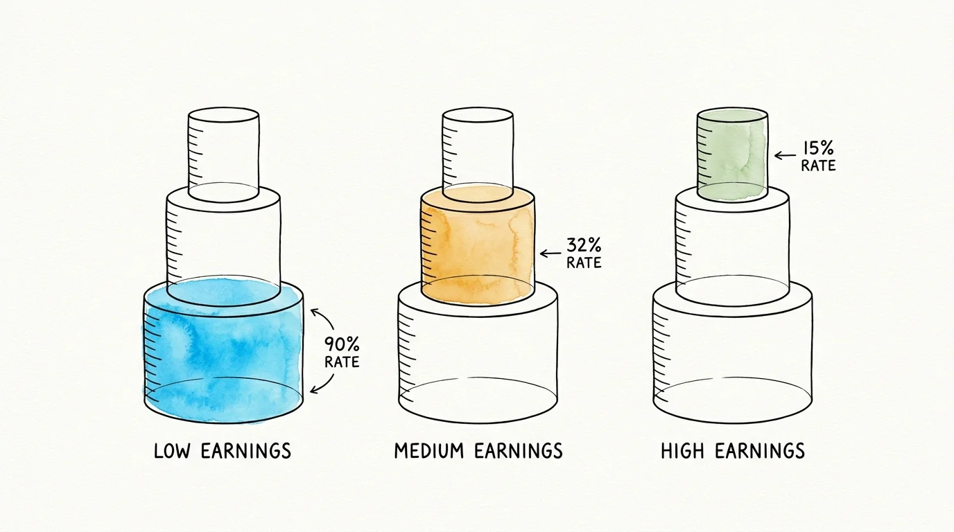 Diagram of three tiered cylinders showing 90%, 32%, and 15% rates for low, medium, and high earnings tiers.