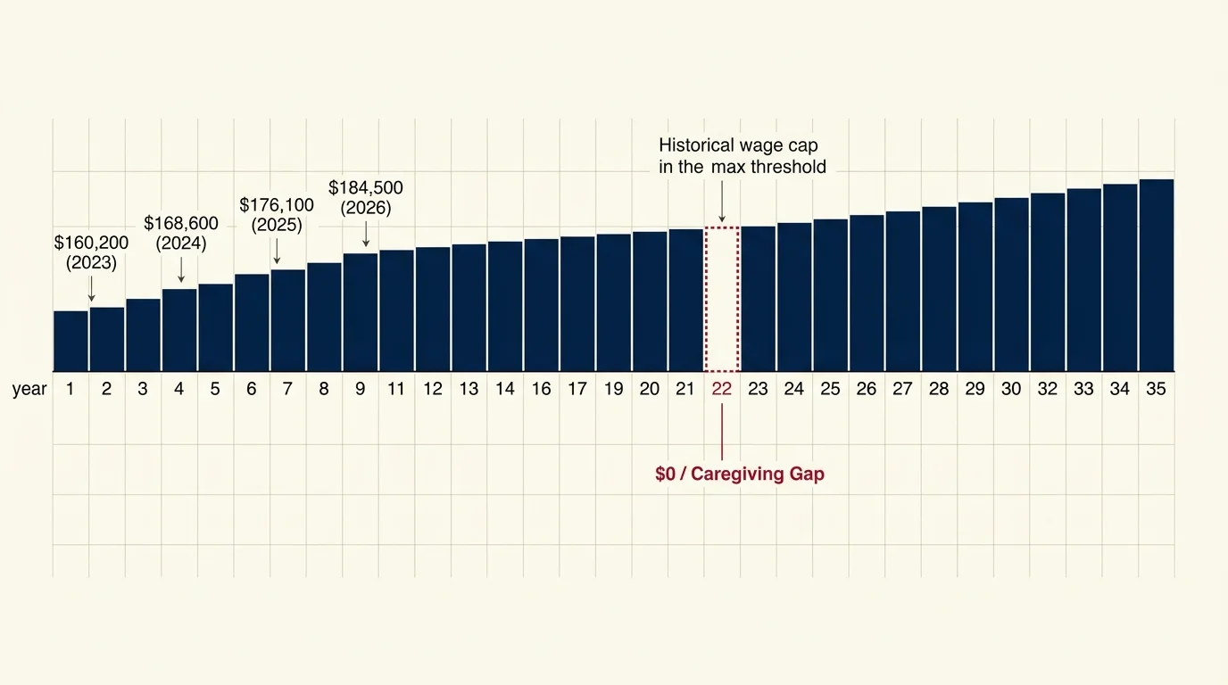 Bar chart of 35 career years showing wage caps with an empty gap at year 22 labeled "$0 / Caregiving Gap".