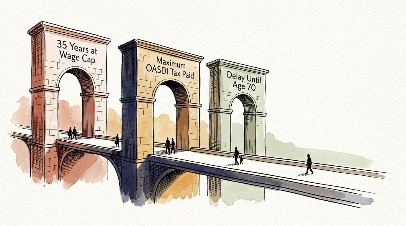 People walk along an elevated stone bridge passing under three large arches labeled with retirement milestones.