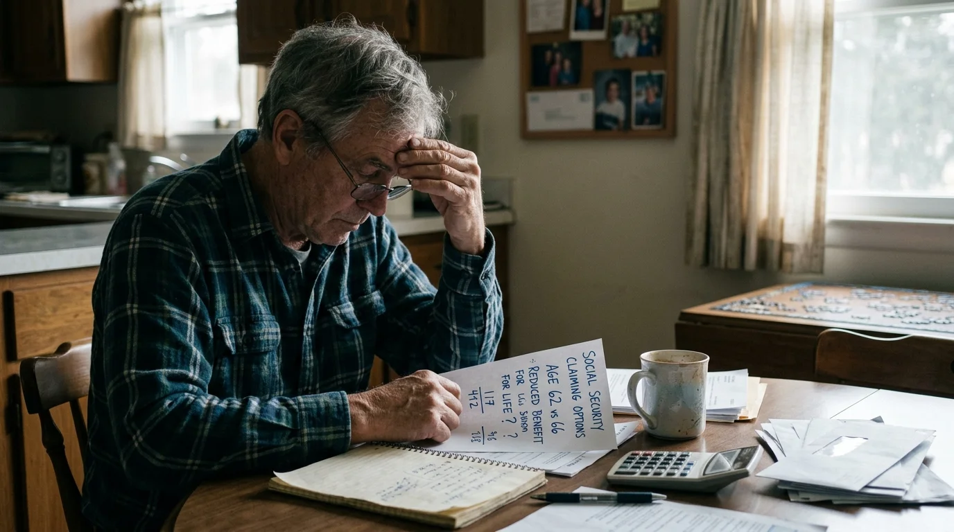 Older man resting head on hand while reviewing handwritten Social Security claiming notes and papers at a kitchen table.
