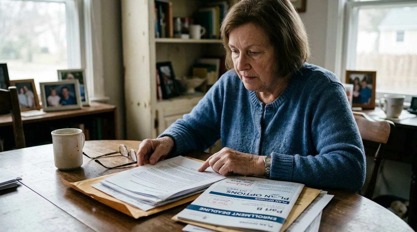 A senior woman in a blue sweater sits at a dining table carefully reading through printed enrollment documents.