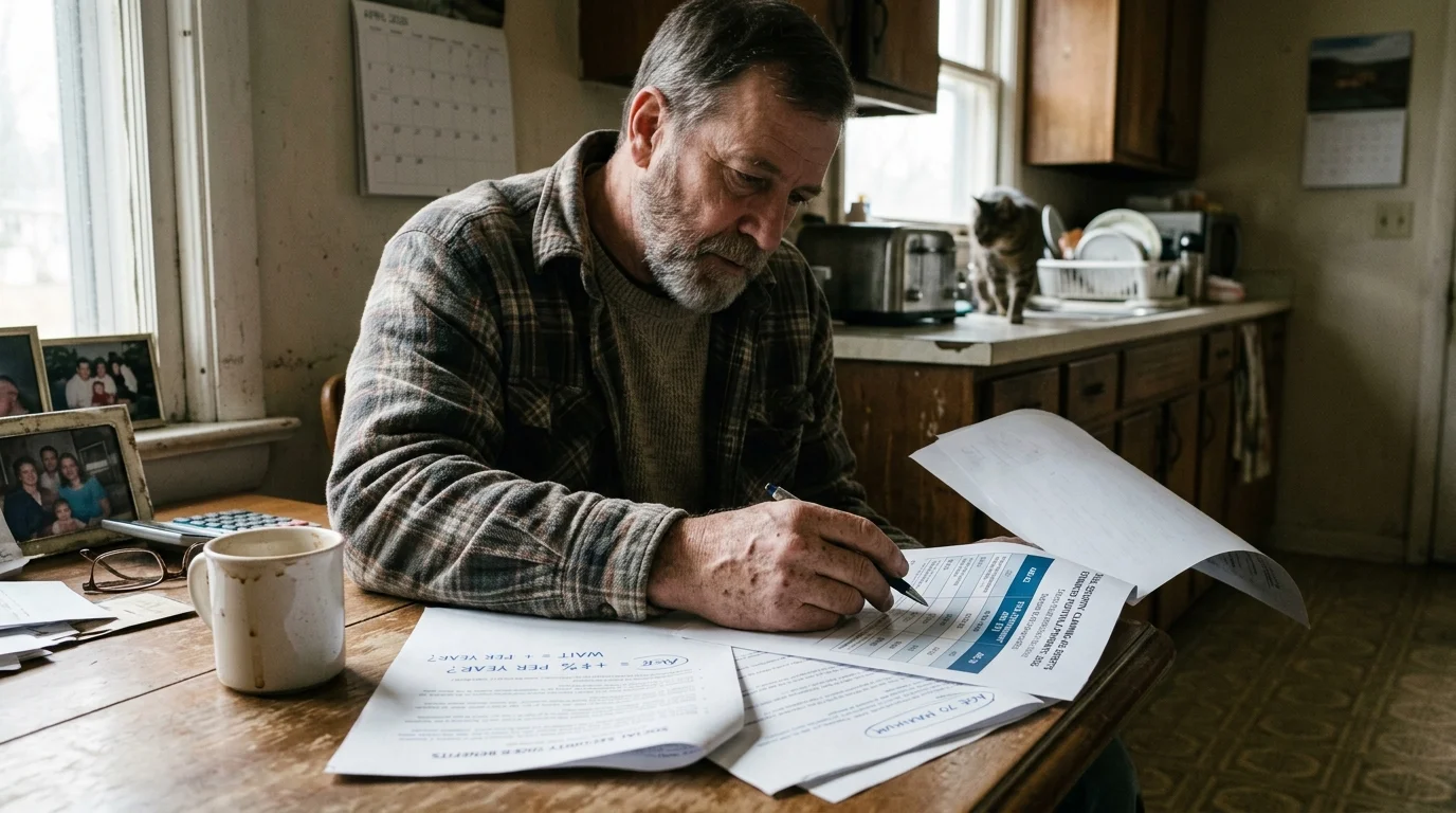 Bearded man reviewing paperwork at a wooden kitchen table with a coffee mug and a cat in the background.