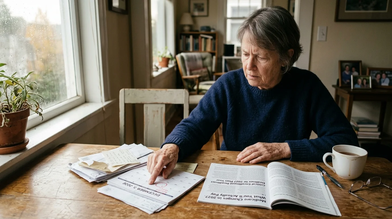 A woman sits at a wooden table pointing at a calendar beside an open magazine, papers, and a coffee mug.