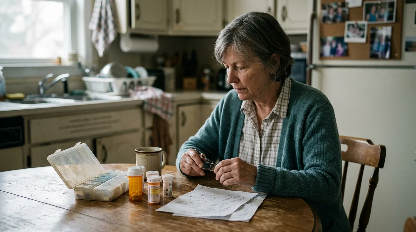 An older woman sits at a kitchen table looking at papers, pill bottles, and a medication organizer.