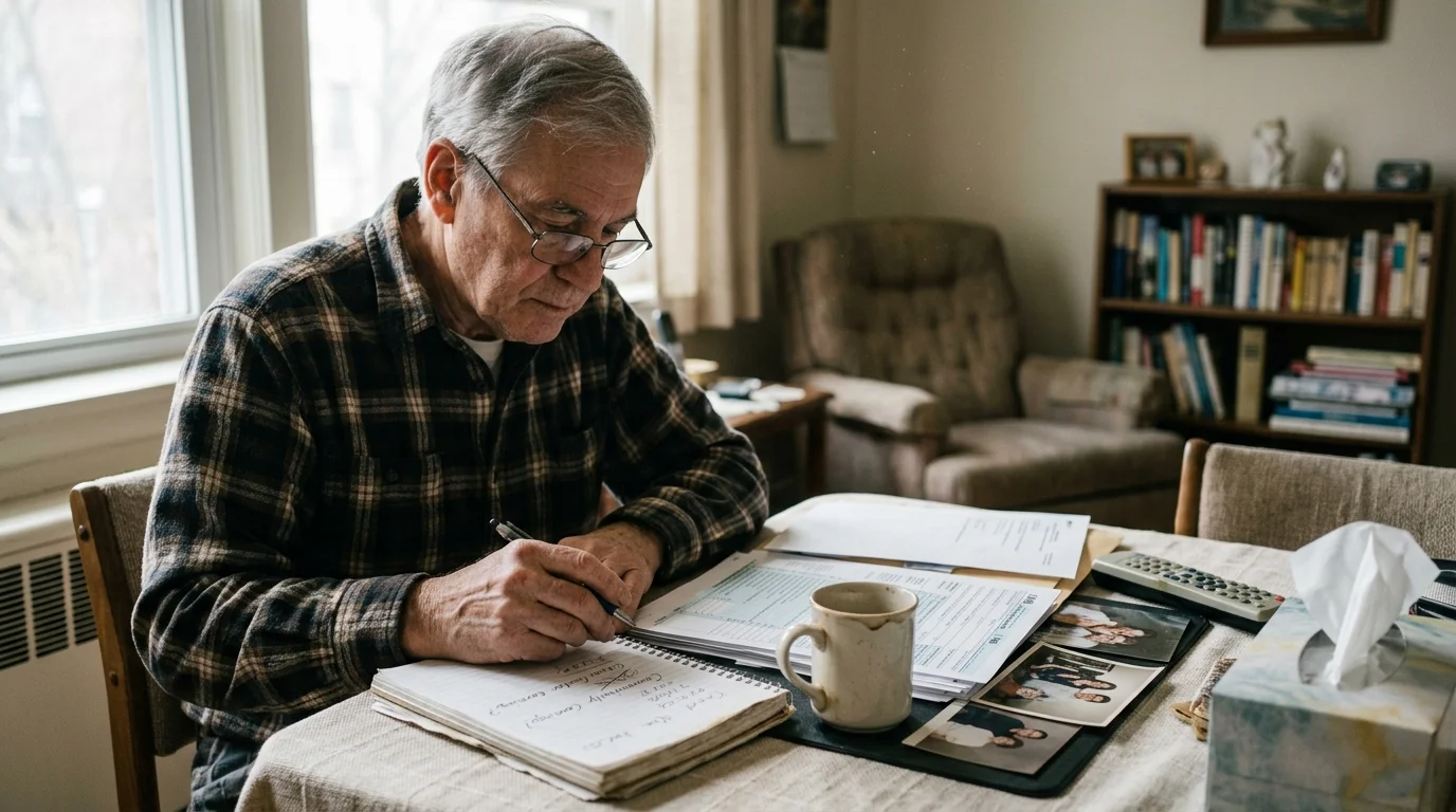 A senior man wearing glasses and a plaid shirt sits at a dining table writing notes beside tax forms and a coffee mug.