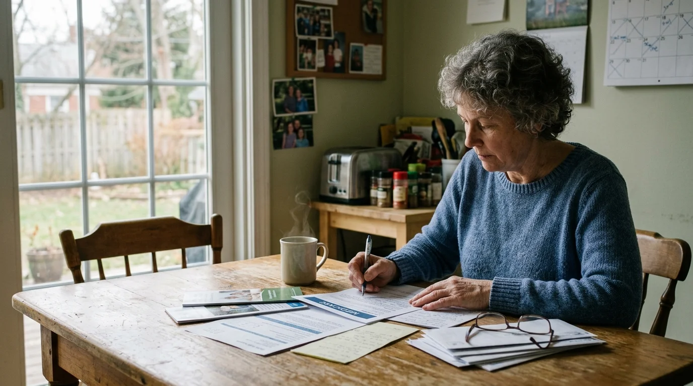 A woman sits at a wooden kitchen table reviewing Medicare documents and writing with a pen beside a steaming mug.