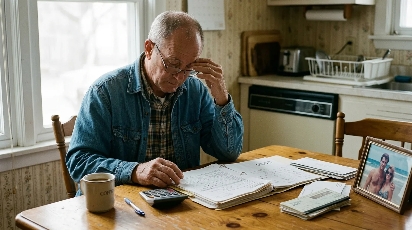 An older man wearing glasses and a denim shirt sits at a wooden table reviewing financial paperwork with a calculator.
